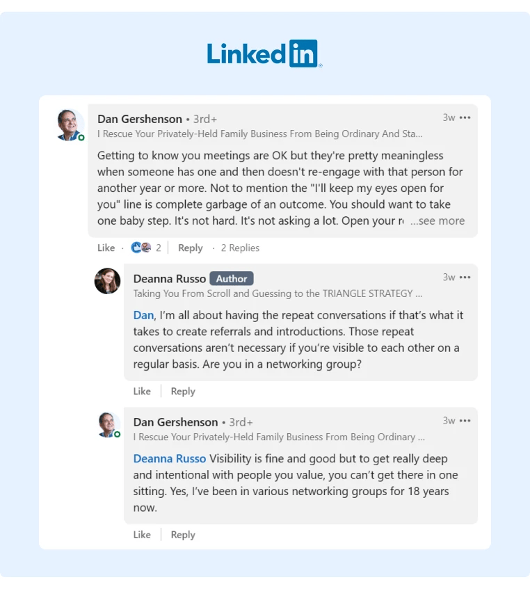 A Comment Thread on LinkedIn where two users are debating the utility of networking calls