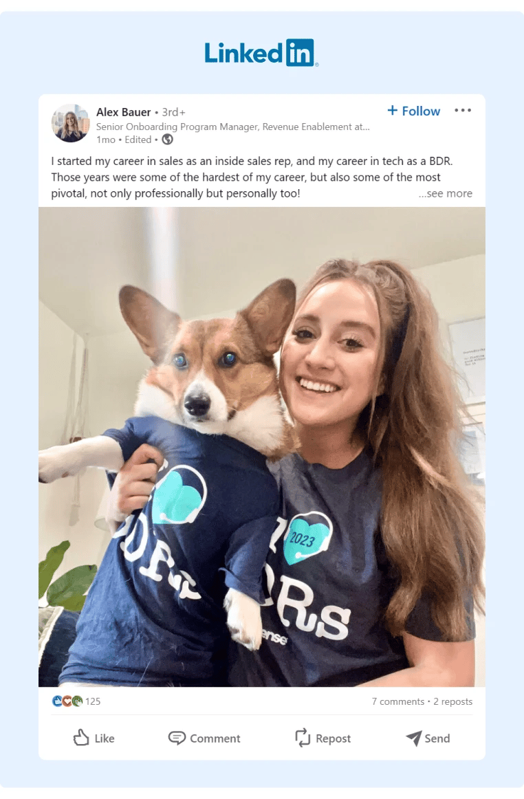 A LinkedIn post from an employee at 6sense who shared a picture of her dog wearing matching shirts
