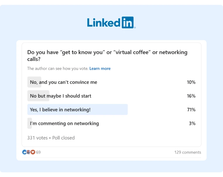 A poll on LinkedIn asking if the authors audience about their posture on networking calls