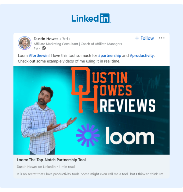 An Affiliate Manager Coach shared a review of Loom and how he uses it for productivity