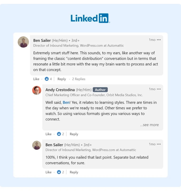 Andy Crestodina engaging in the comment section on one of his LinkedIn posts