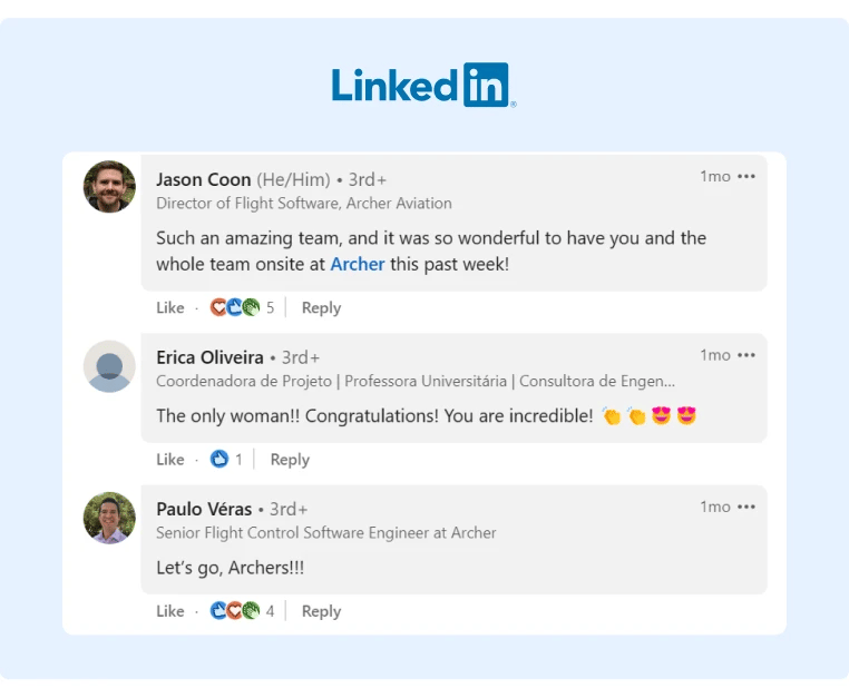 Another example of Archer employees taking to LinkedIn and sharing positive comments in the companys post