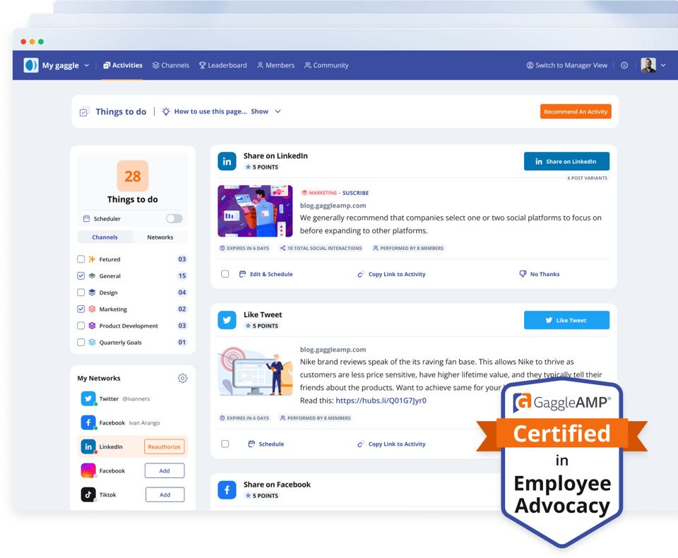 Screenshot of GaggleAMP web app with an overlay badge that says 