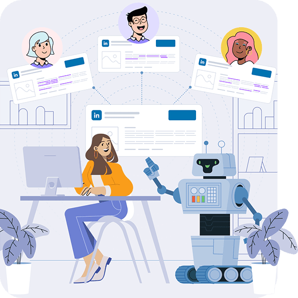 Illustration of a robot helping a woman at a desk demonstrating how GaggleAMP's AI implementation helps to diversify your employee advocacy efforts