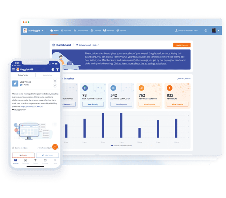 Screenshot of the desktop and mobile GaggleAMP web app that helps employees drive brand engagement, increase social selling, extend your content reach and boost your brand awareness