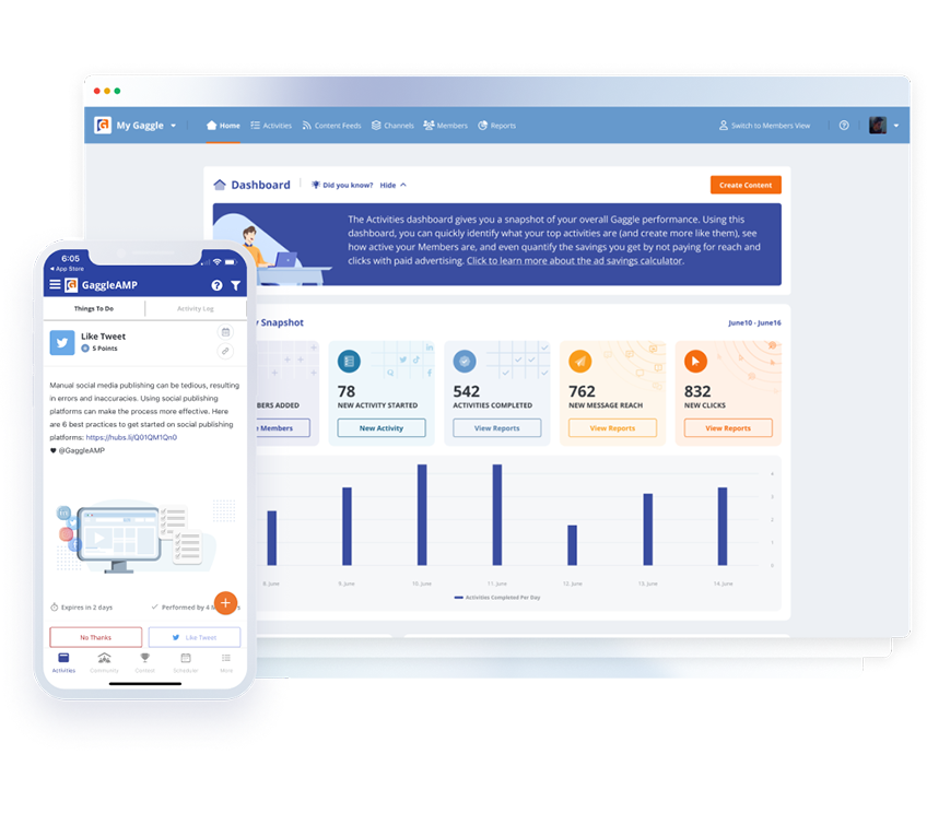 Screenshot of the desktop and mobile GaggleAMP web app that helps employees drive brand engagement, increase social selling, extend your content reach and boost your brand awareness