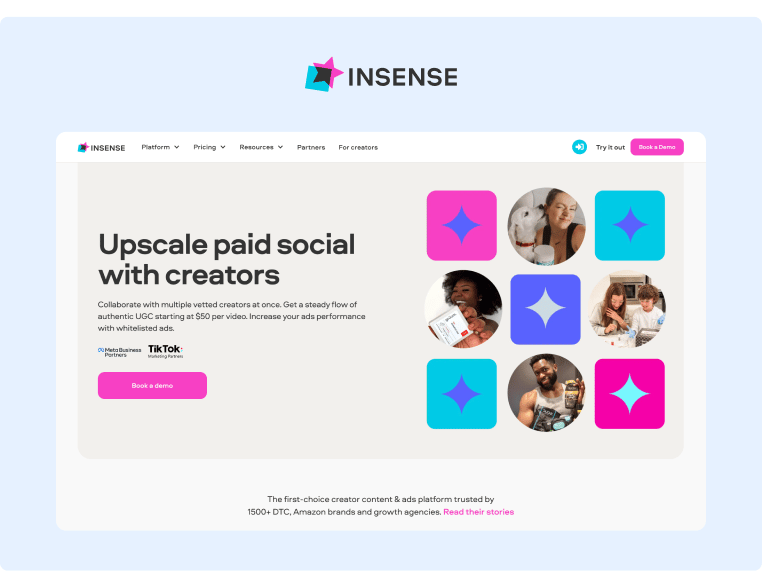 Paid Social User Generated Content Platform Insense Landing Page